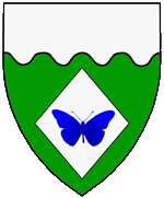 Vert, on a lozenge argent a butterfly azure, a chief wavy argent.